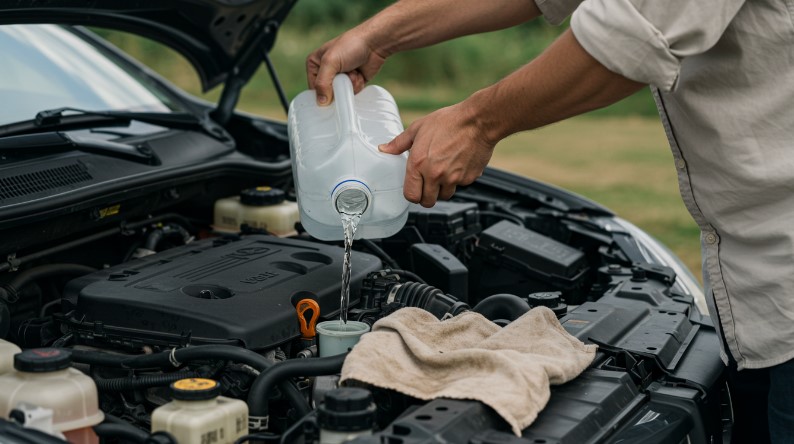 Čovek sipa vodu u rashladni uređaj automobila
