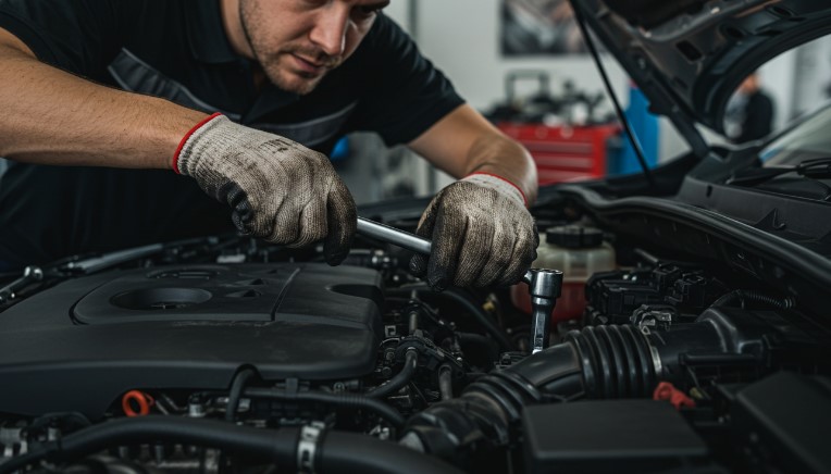 Mehaničar popravlja motor na automobilu