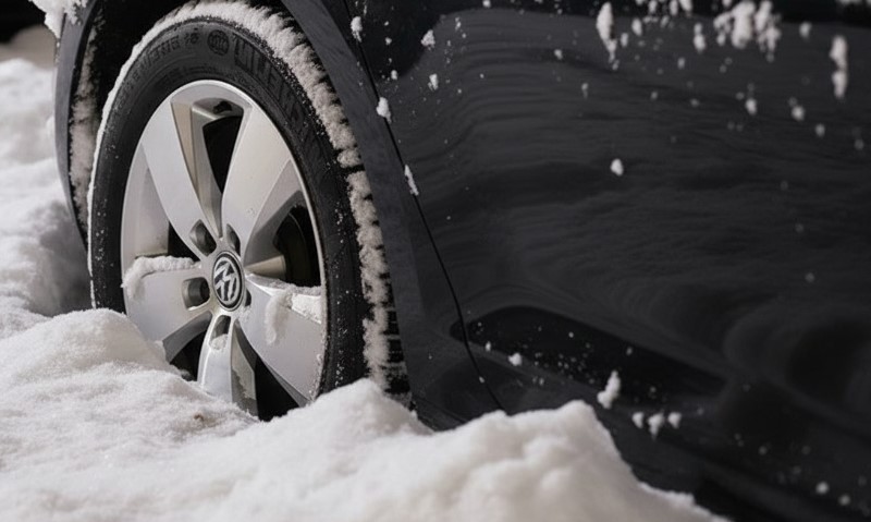 Automobilska prednja guma, zaglavljena u snegu